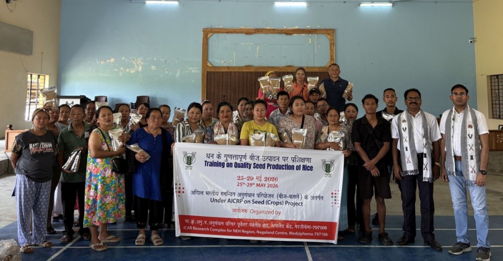 ICAR officials along with the trainees during the farmer training programme on quality seed production of rice at Chumoukedima village on May 29.